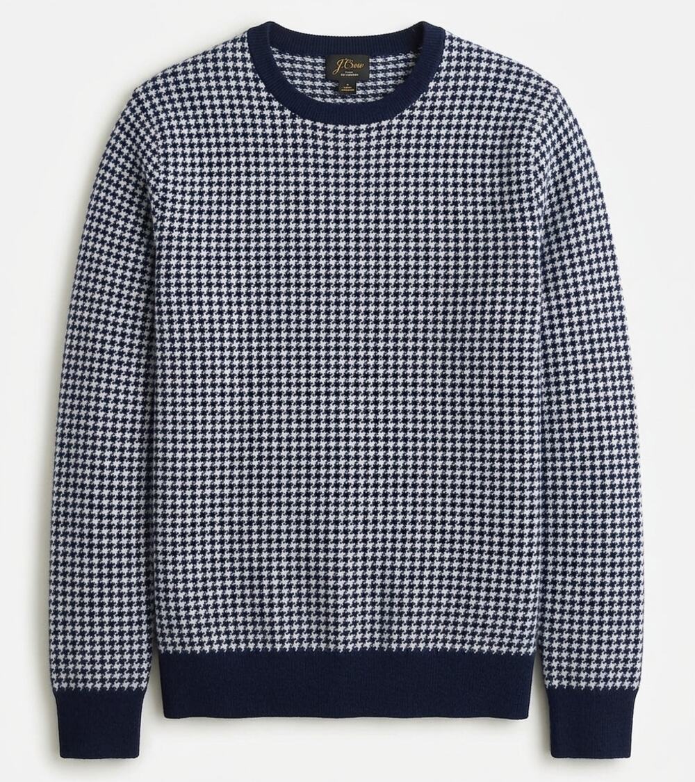 J.Crew Men's 100% Cashmere Houndstooth Crewneck Sweater Blue White Jumper BC465